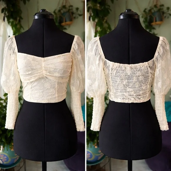 Divided Lace Crop Top Small Cottagecore Puff Sleeve - Picture 2 of 3